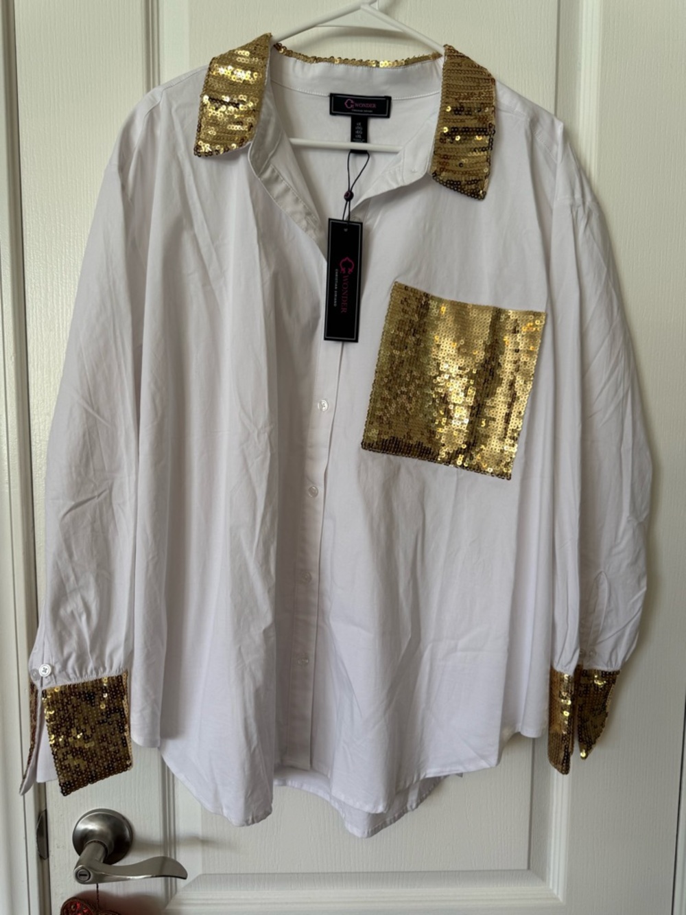 C Wonder Christian Siriano White Shirt Gold Sequin Collar Pocket 1X NWT